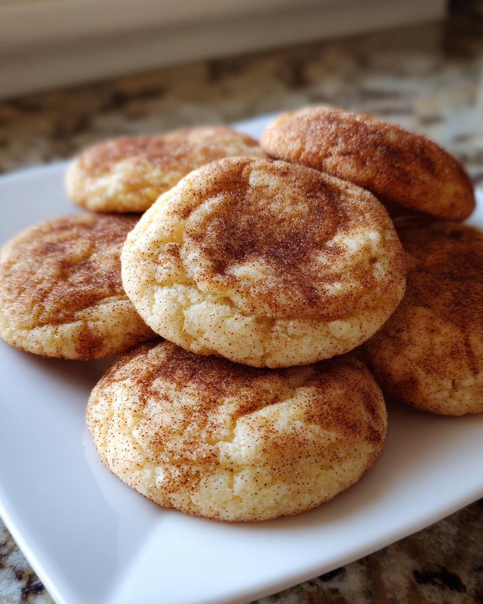 A stack of freshly baked, soft snickerdoodle cookies generously coated in cinnamon sugar, resting on a white plate.