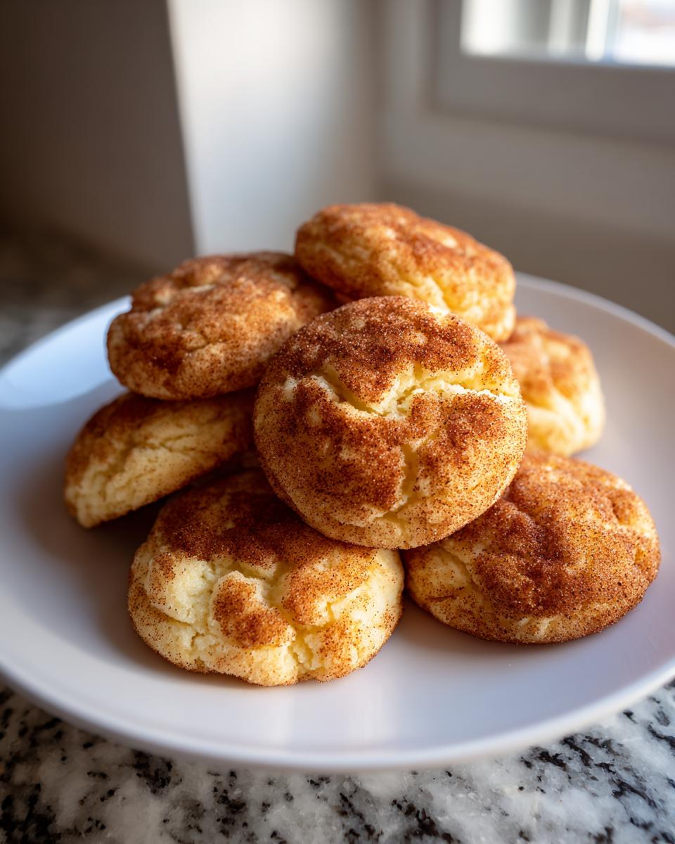 A stack of freshly baked, soft snickerdoodle cookies coated in cinnamon sugar resting on a white plate.