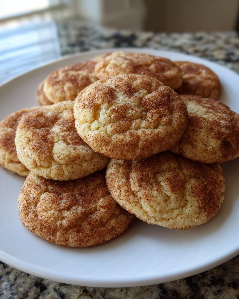 A stack of freshly baked, soft snickerdoodle cookies generously coated in cinnamon sugar, resting on a white plate.