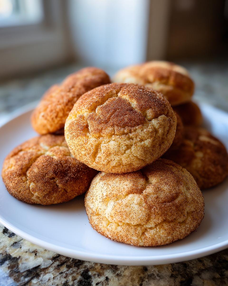 A stack of freshly baked, soft snickerdoodle cookies generously coated in cinnamon sugar, resting on a white plate.