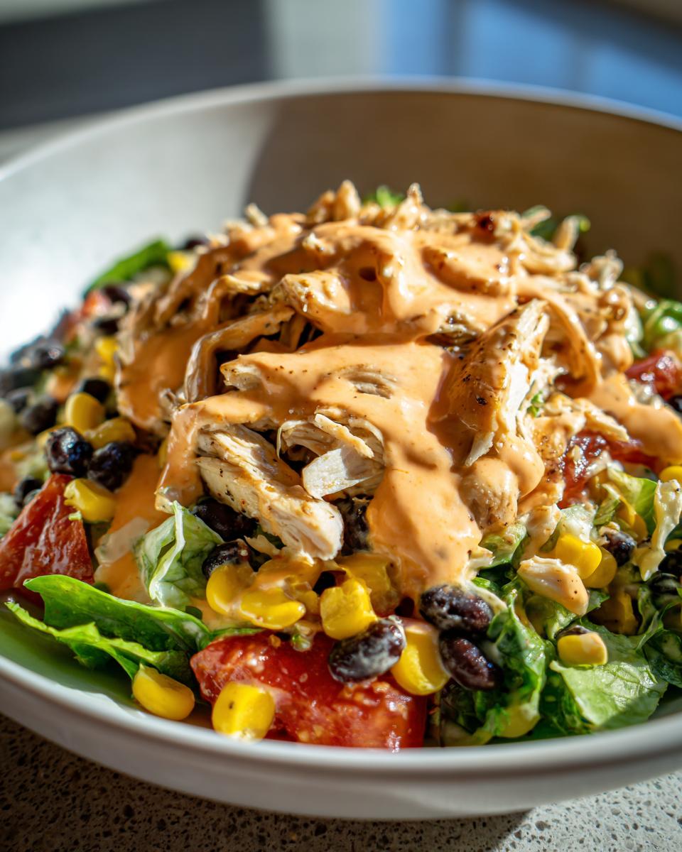 A vibrant bowl of southwest chicken salad topped with shredded chicken and a generous drizzle of creamy orange dressing.
