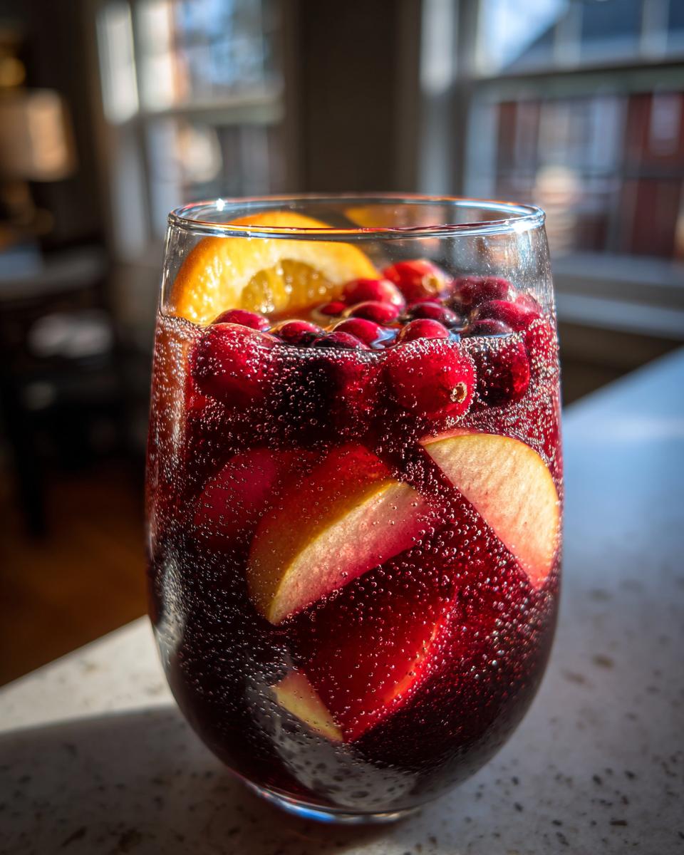 Close-up of a glass of bubbly Christmas sangria filled with red wine, fresh cranberries, apple slices, and an orange wedge.