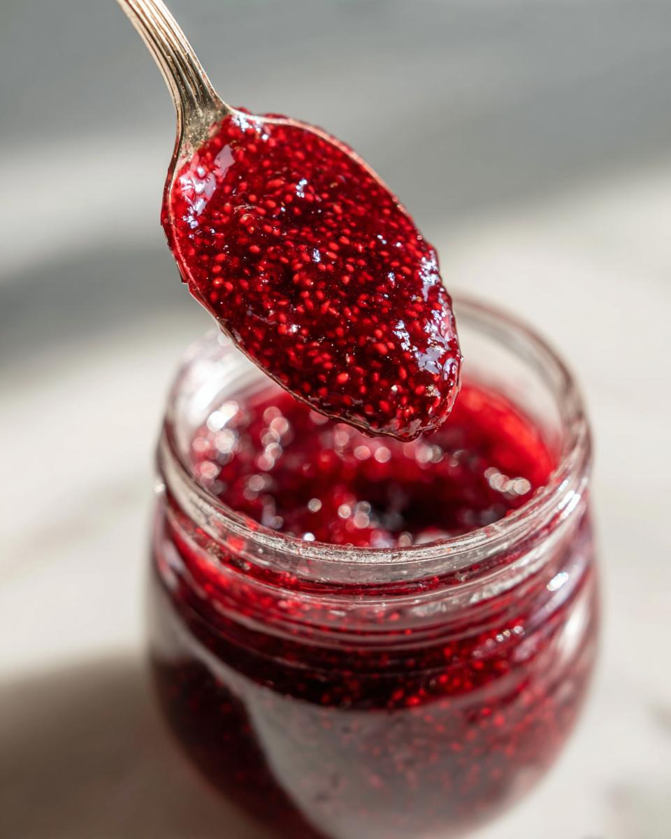 A silver spoon lifting thick, vibrant red raspberry jam full of seeds from a glass jar.