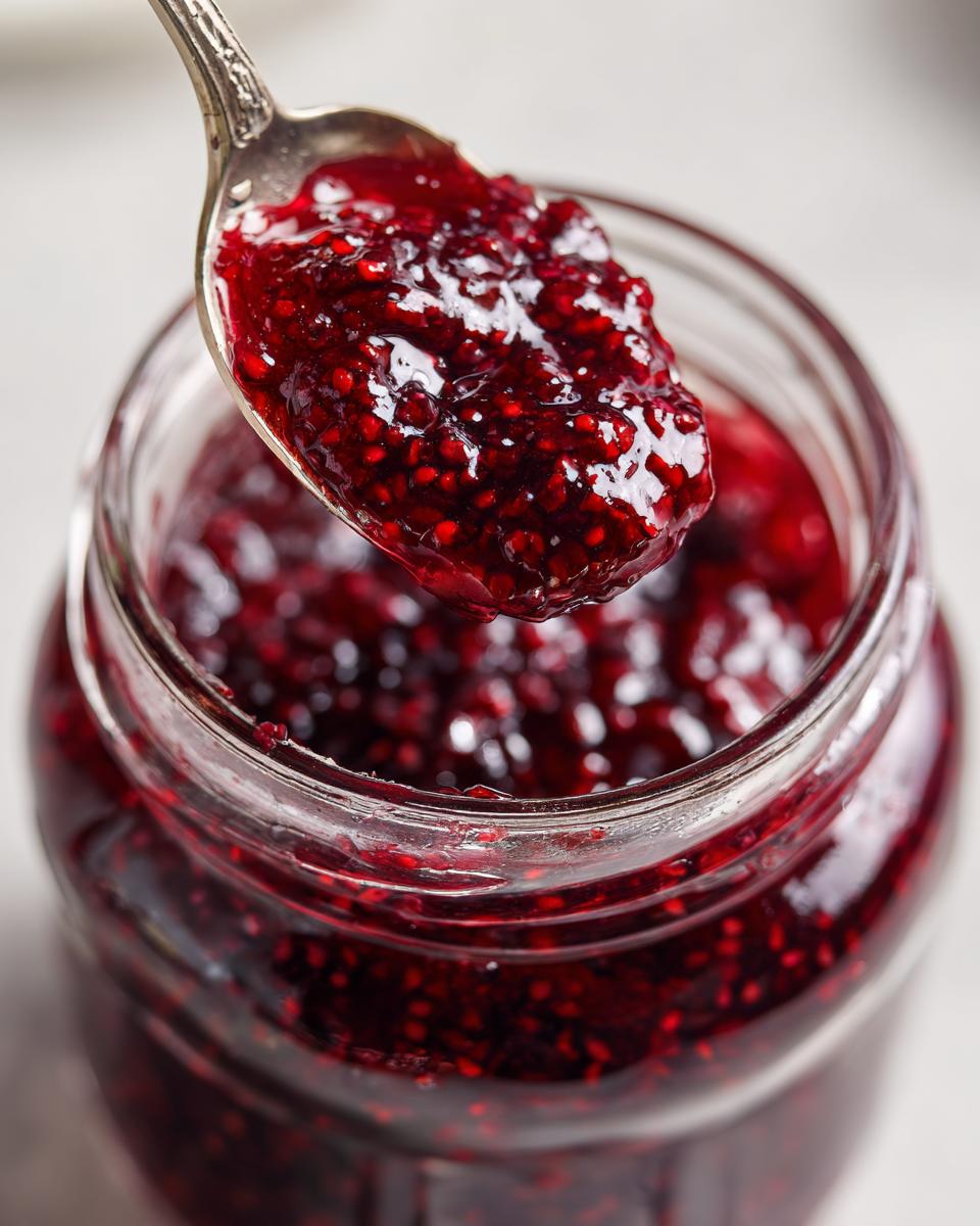 Close-up of a spoonful of thick, seedy raspberry jam being lifted from a glass jar.
