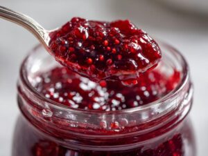A silver spoon lifts a thick, glistening spoonful of homemade raspberry jam out of a glass jar.