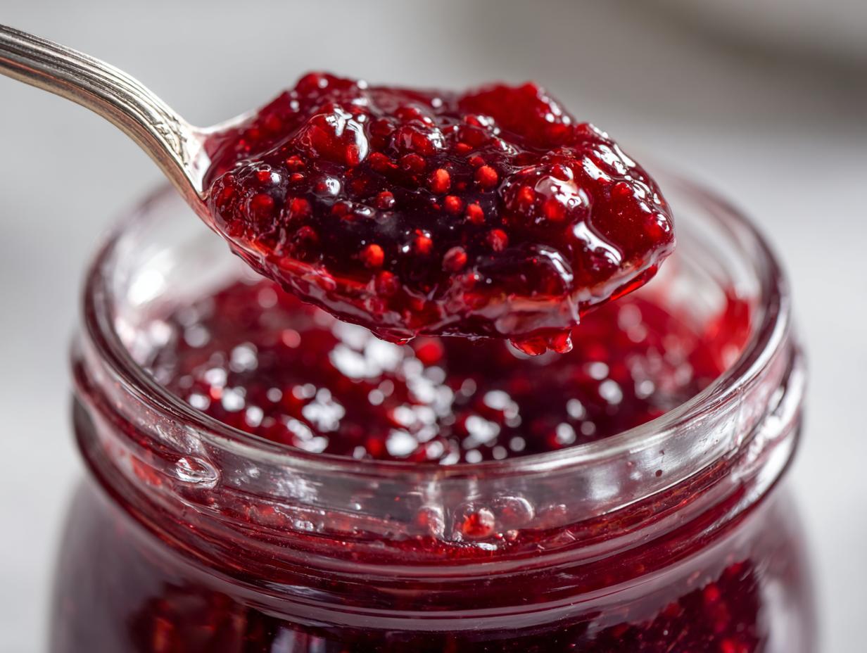 A silver spoon lifts a thick, glistening spoonful of homemade raspberry jam out of a glass jar.
