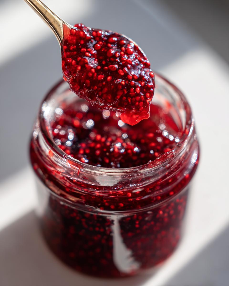 A golden spoon lifts a thick, glistening spoonful of homemade raspberry jam out of a glass jar.