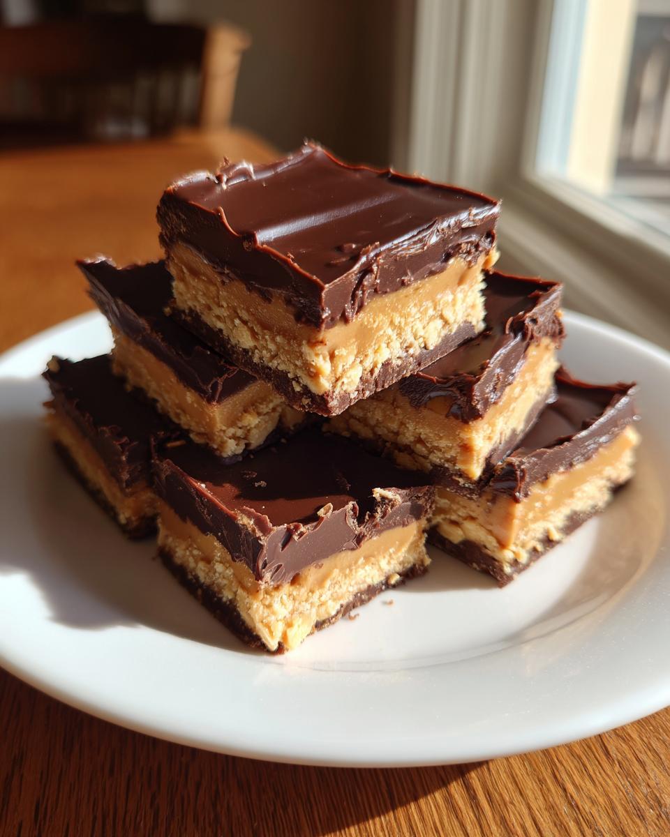 A stack of rich buckeye fudge bars featuring a peanut butter base and thick chocolate topping, served on a white plate.