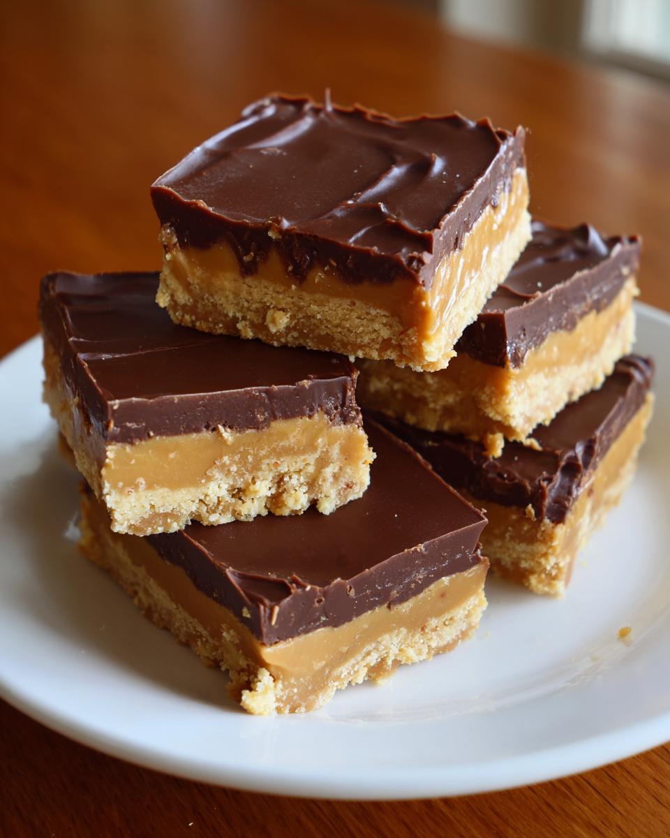 A stack of rich, layered buckeye fudge bars featuring a peanut butter layer and chocolate topping on a white plate.