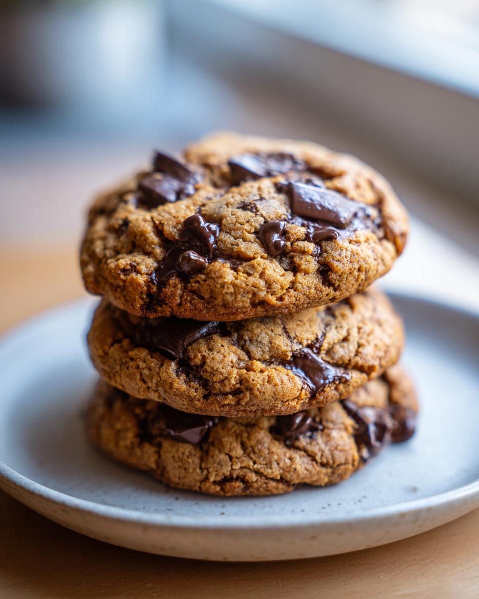 A stack of three gooey vegan chocolate chip cookies with melted chocolate chunks on a light plate.