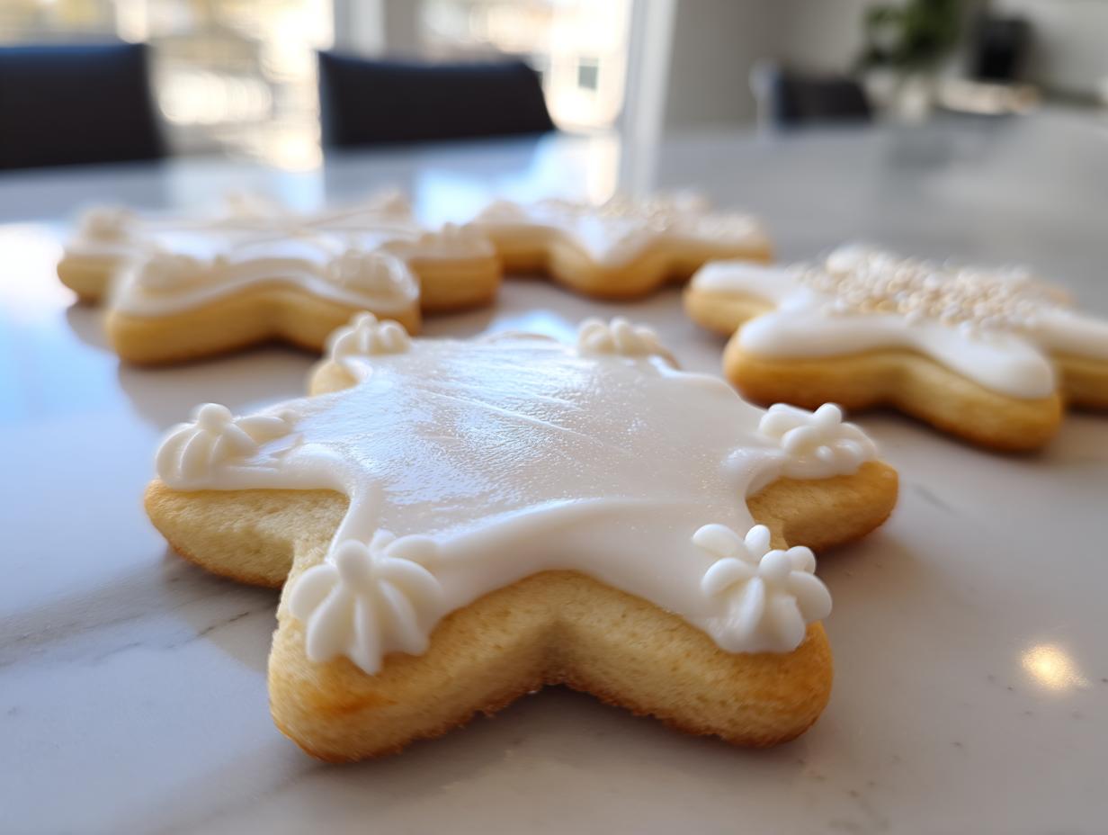 Close-up of a star-shaped sugar cookie topped with smooth, glossy white cookie icing and piped shell borders.
