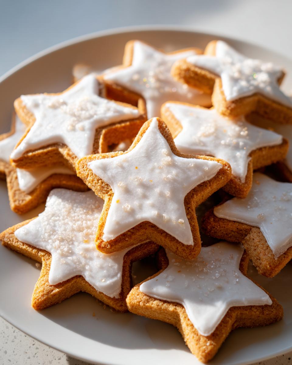 A pile of star-shaped vegan sugar cookies topped with smooth white icing and sparkling sugar crystals.