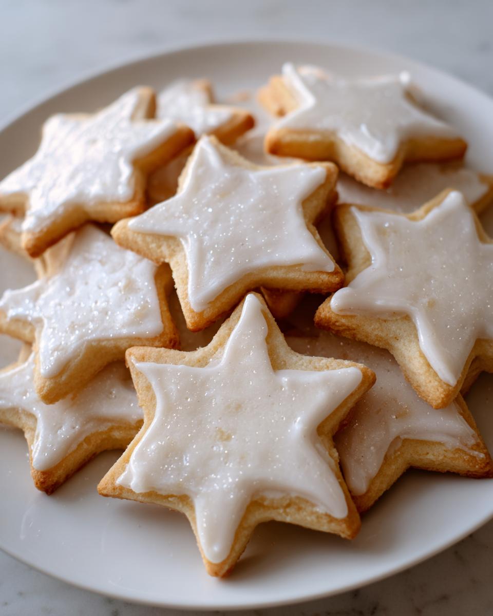 A pile of star-shaped vegan sugar cookies topped with glossy white icing and edible glitter.