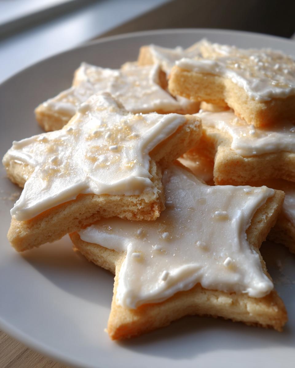 A stack of star-shaped vegan sugar cookies topped with thick white frosting and sprinkles.