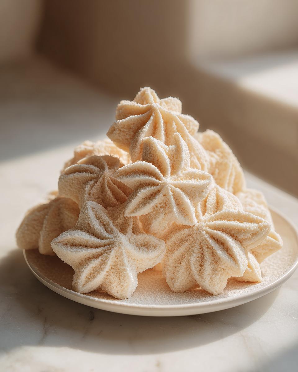 A pile of delicate, star-shaped whipped shortbread cookies dusted lightly with powdered sugar on a white plate.