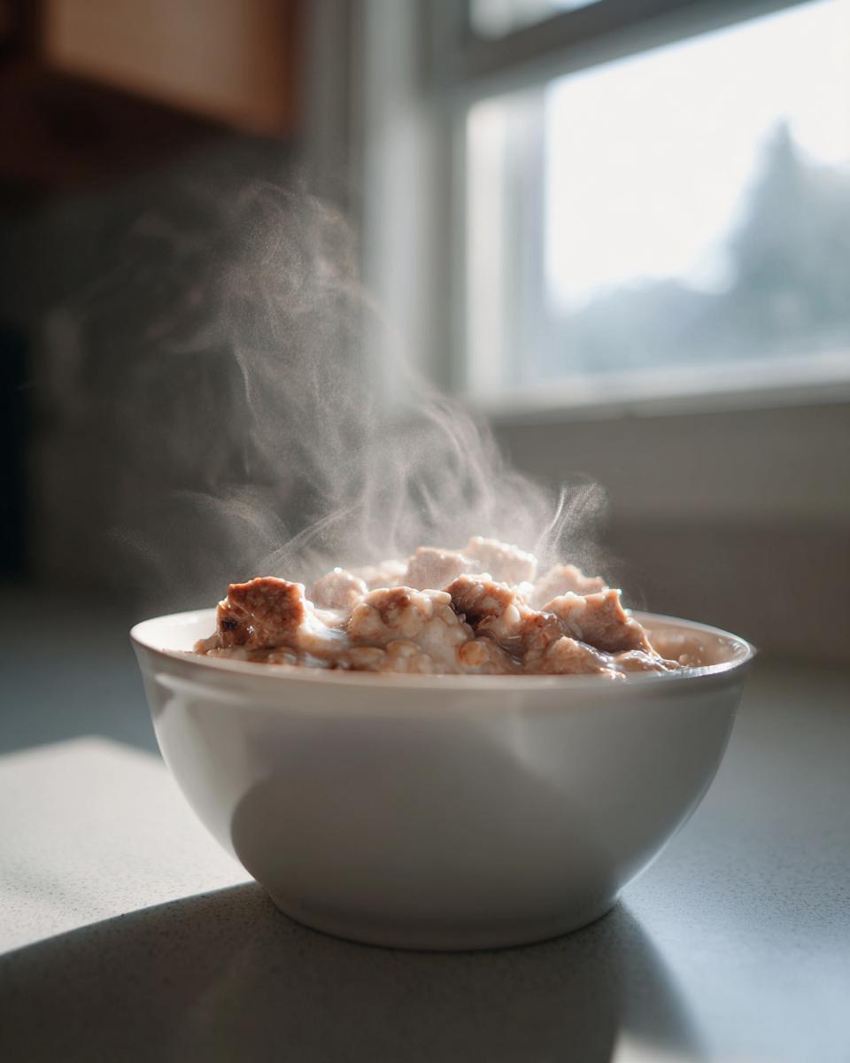 A white bowl filled with hot, steaming cream of chicken soup containing visible chunks of chicken.