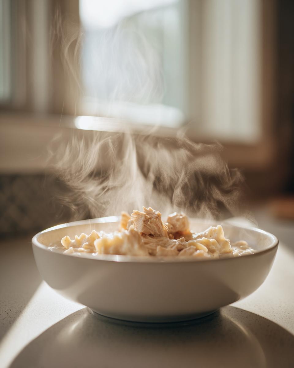A steaming white bowl filled with creamy pasta and shredded chicken, representing homemade cream of chicken soup.