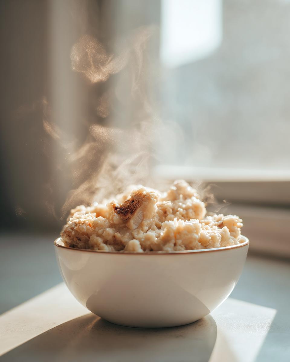 A white bowl filled with steaming, thick cream of chicken soup, highlighted by bright natural light.