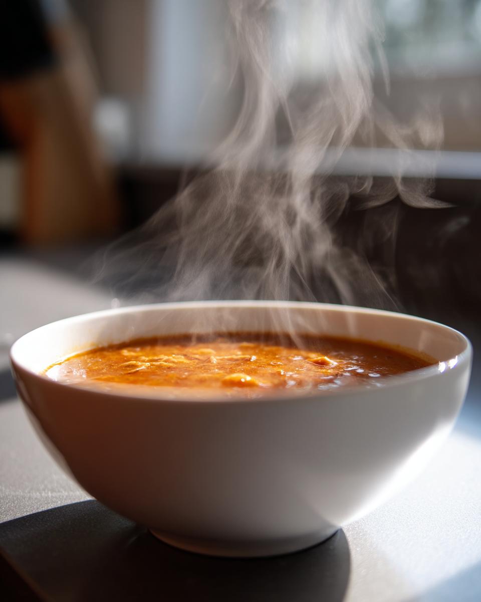 A white bowl filled with hot, steaming orange-hued cream of chicken soup sits on a dark surface.