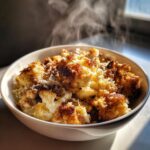 A close-up of a white bowl filled with steaming, roasted cauliflower topped with cheese, likely made using cream of chicken soup.