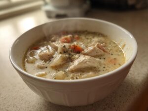 A close-up of a steaming white bowl filled with homemade cream of chicken soup, featuring chunks of chicken, carrots, and herbs.