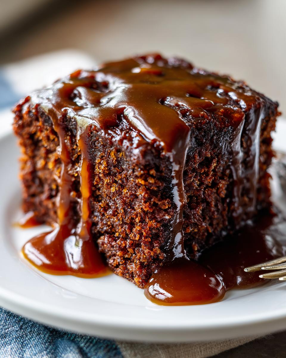 Close-up of a rich, dark square of sticky toffee pudding recipe drenched in thick caramel sauce.