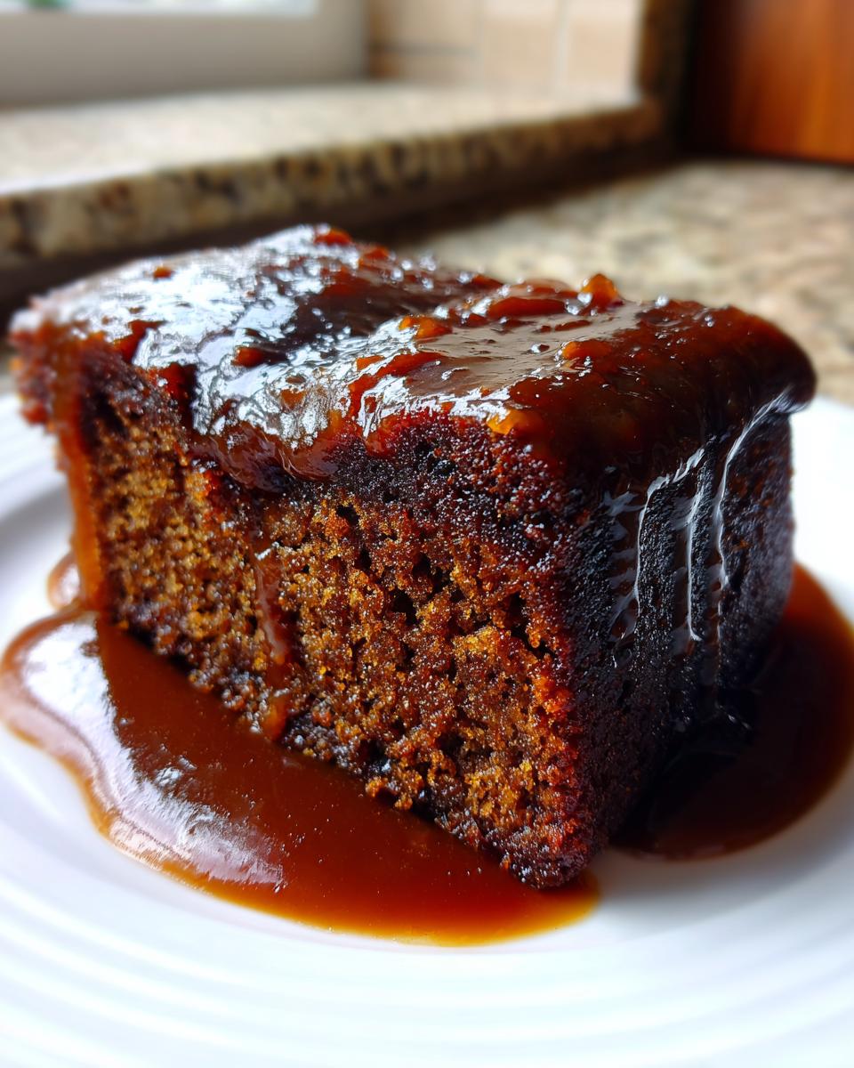 A close-up of a rich, dark slice of sticky toffee pudding recipe covered in glossy toffee sauce.