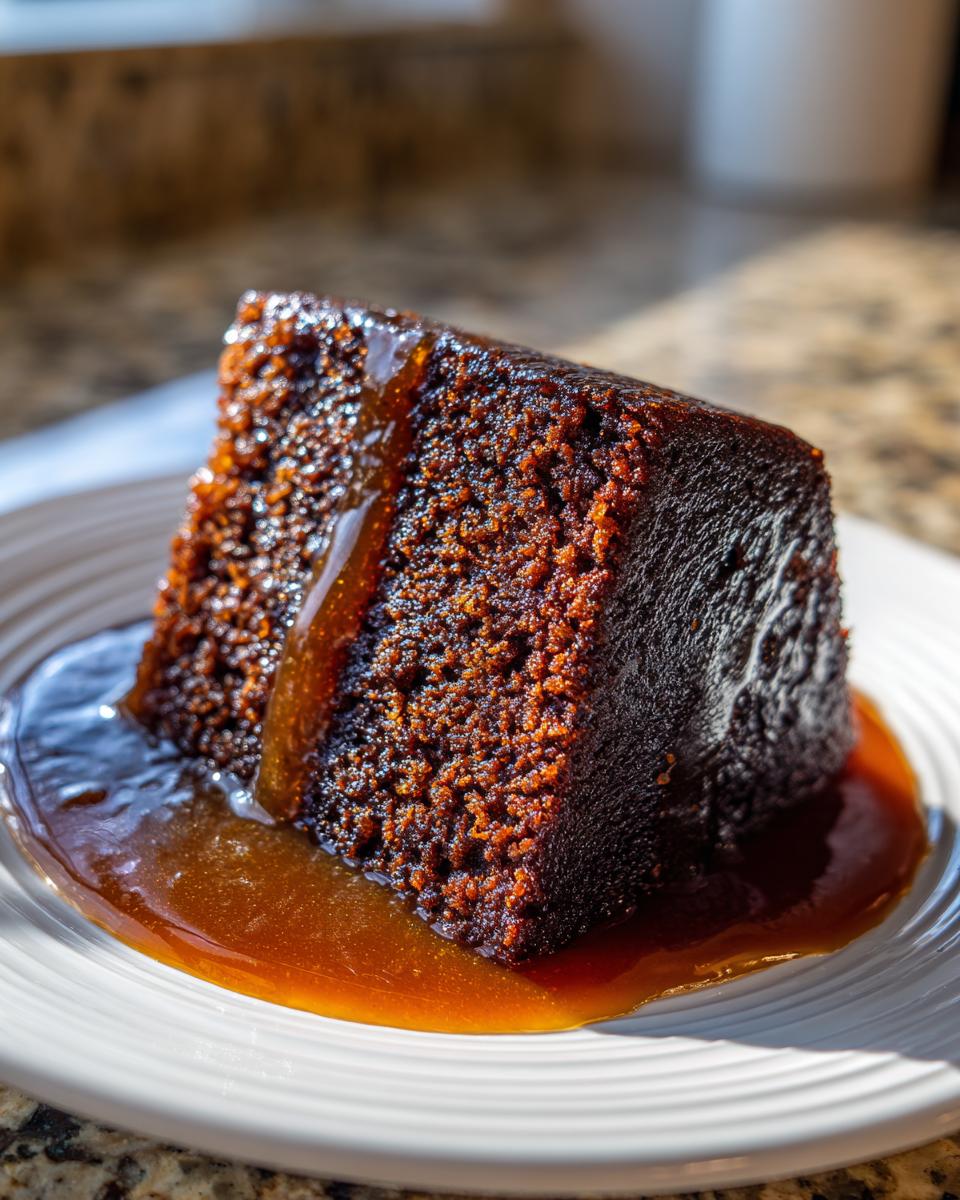 A moist slice of dark sticky toffee pudding recipe generously covered in rich toffee sauce.