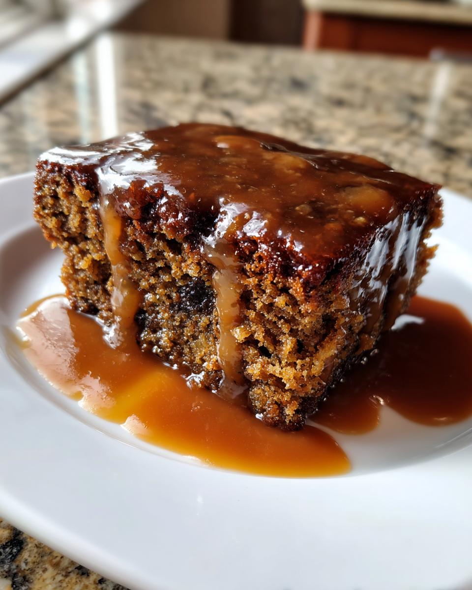 Close-up of a rich, moist slice of sticky toffee pudding recipe covered in thick caramel sauce.