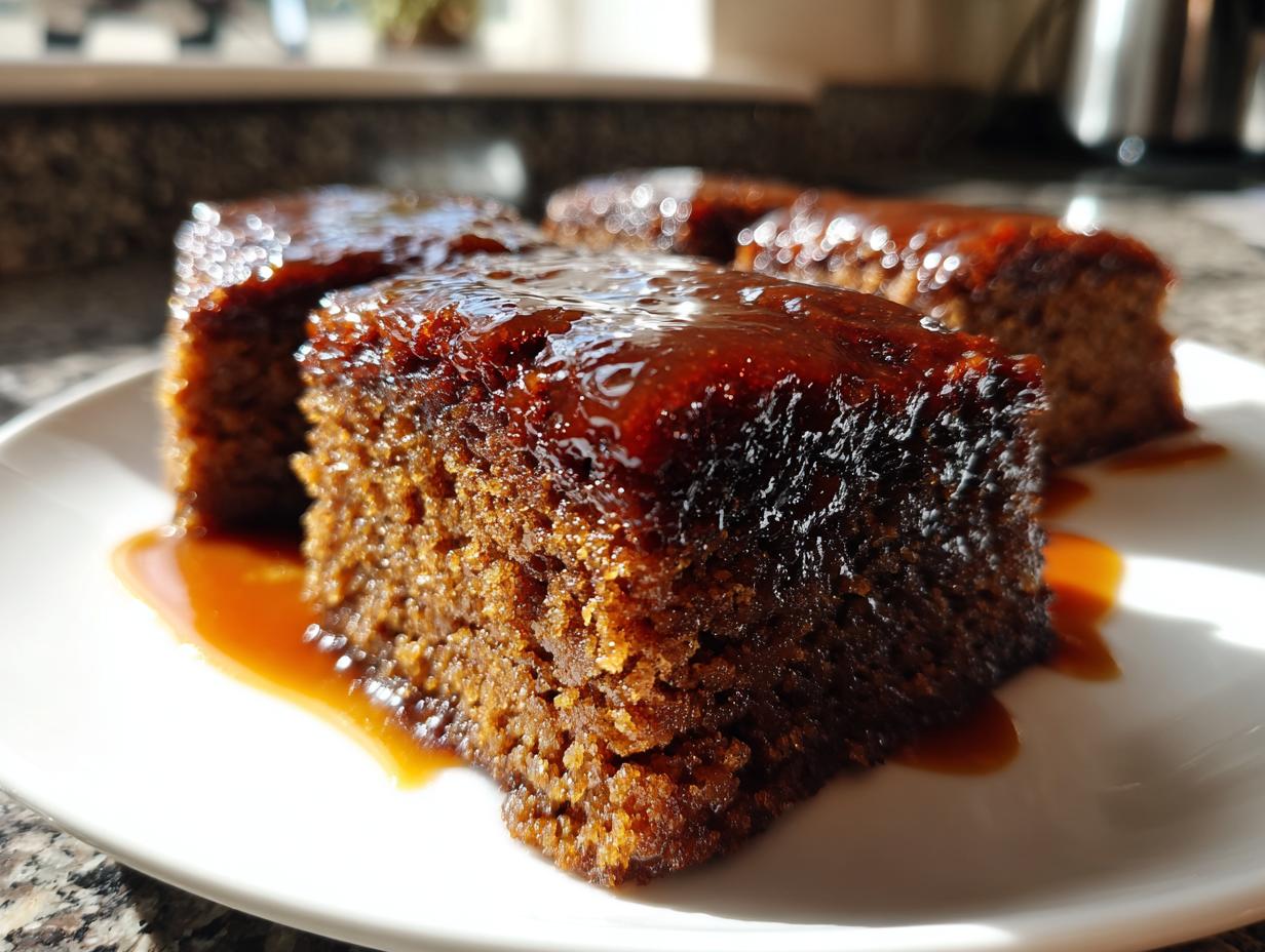 Close-up of rich, moist squares of sticky toffee pudding recipe covered in glossy toffee sauce.