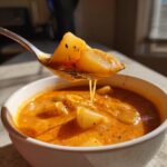 A spoonful of hearty potato and pasta is lifted from a bowl of creamy, orange cheese soup, showing a delicious cheese pull.