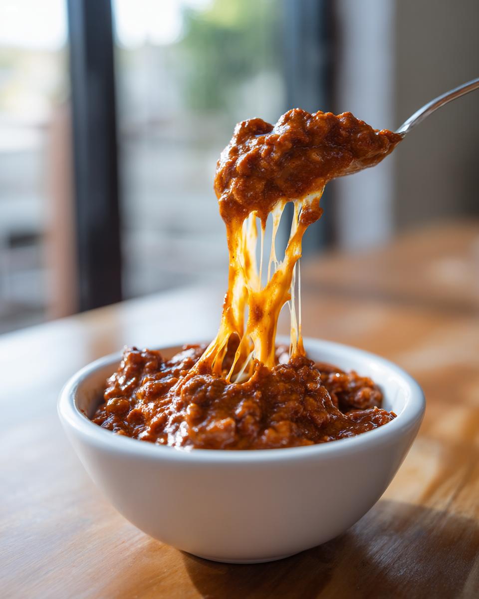 A spoonful of thick, meaty chili cheese dip showing long, melted cheese pulls from the white bowl.