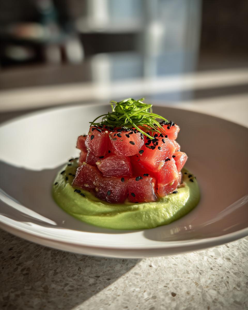 A beautifully plated tuna tartare tower resting on a bed of bright green avocado puree, garnished with black sesame seeds.
