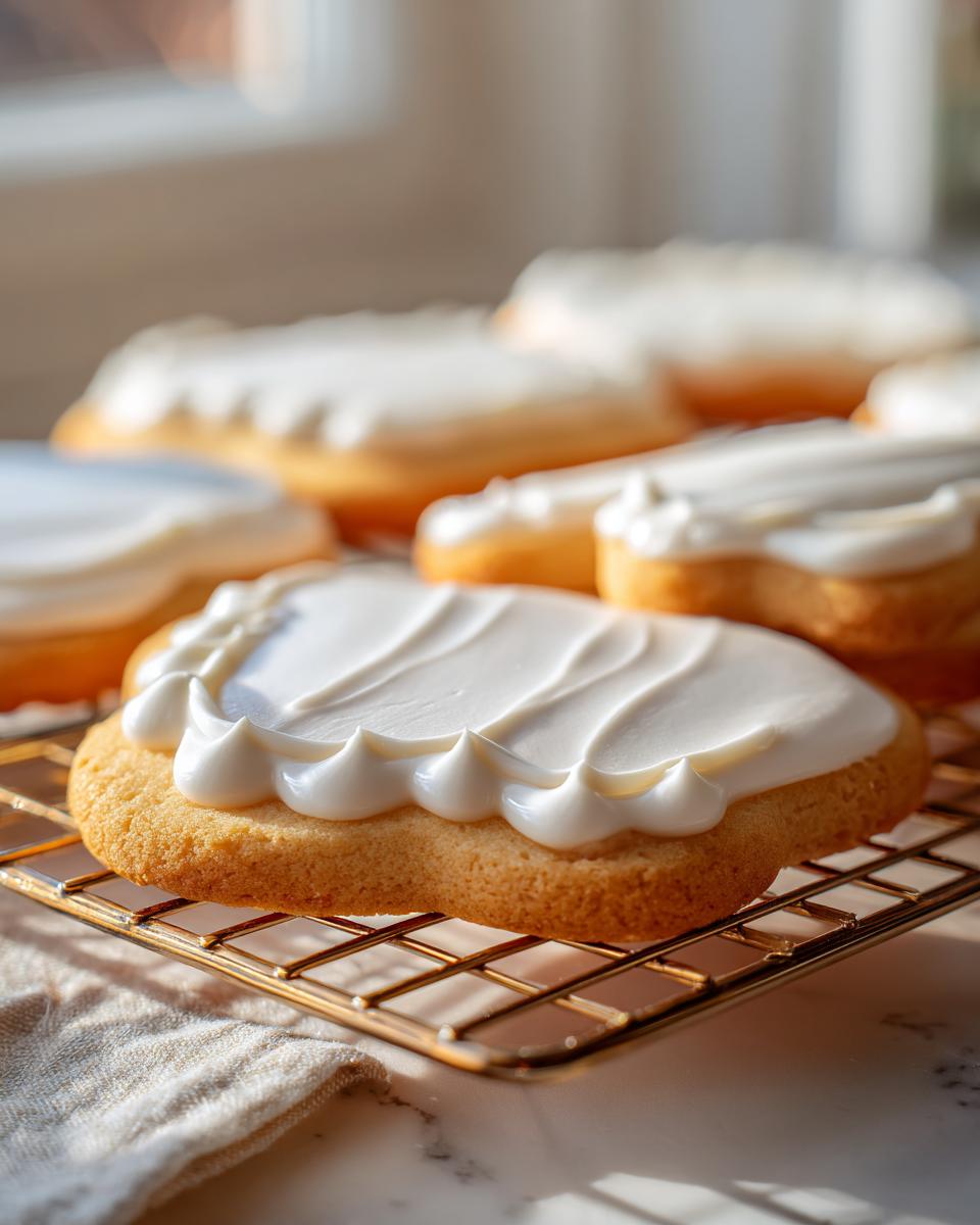Close-up of a golden sugar cookie topped with thick, piped white cookie icing, resting on a cooling rack.