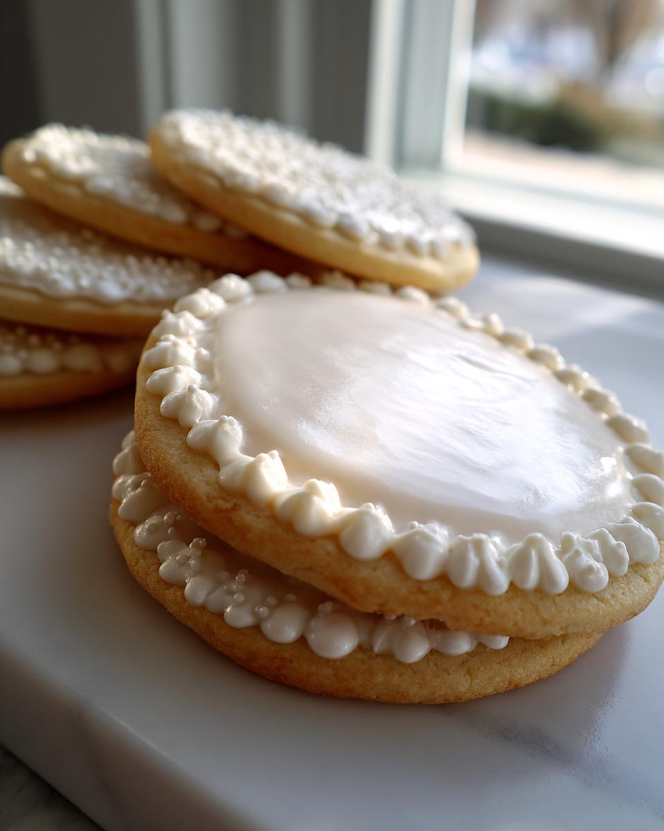 Close-up of stacked sugar cookies featuring smooth, white cookie icing flooding and piped borders.