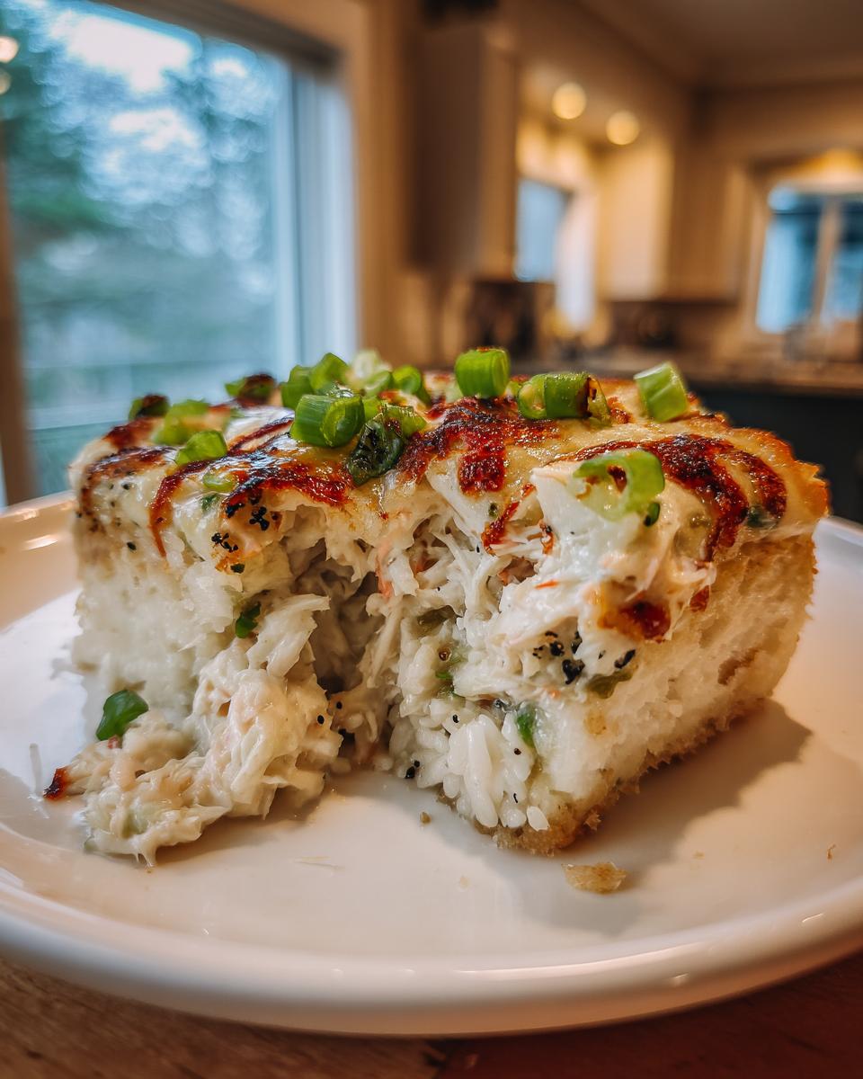 A generous slice of creamy sushi bake topped with melted cheese and chopped green onions on a white plate.