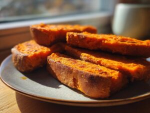 Close-up of several thick, bright orange slices of sweet potato toast stacked on a plate near a window.