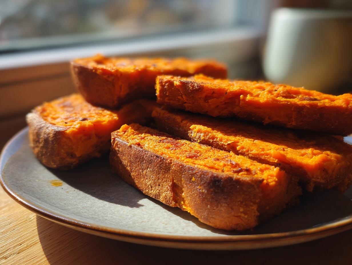 Close-up of several thick, bright orange slices of sweet potato toast stacked on a plate near a window.
