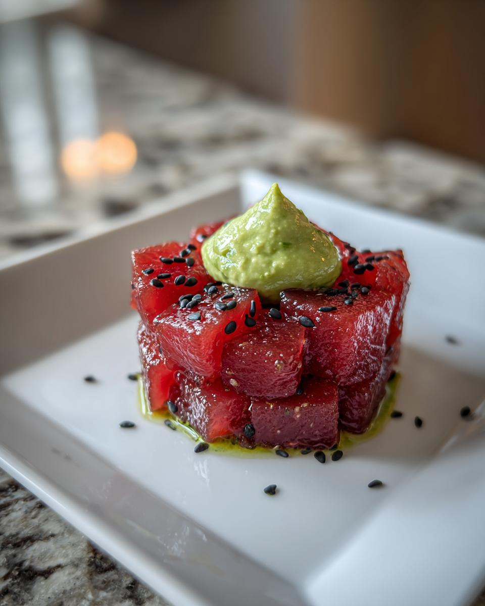 A stack of vibrant red, cubed tuna tartare garnished with black sesame seeds and a dollop of green avocado puree.