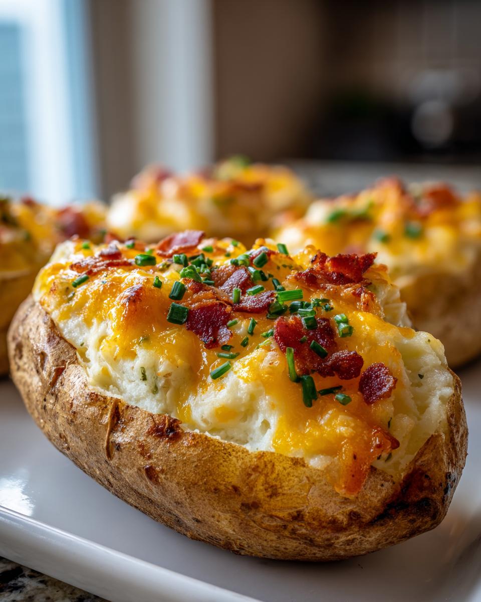 Close-up of a perfectly stuffed twice baked potato topped with melted cheddar cheese, bacon bits, and fresh chives.