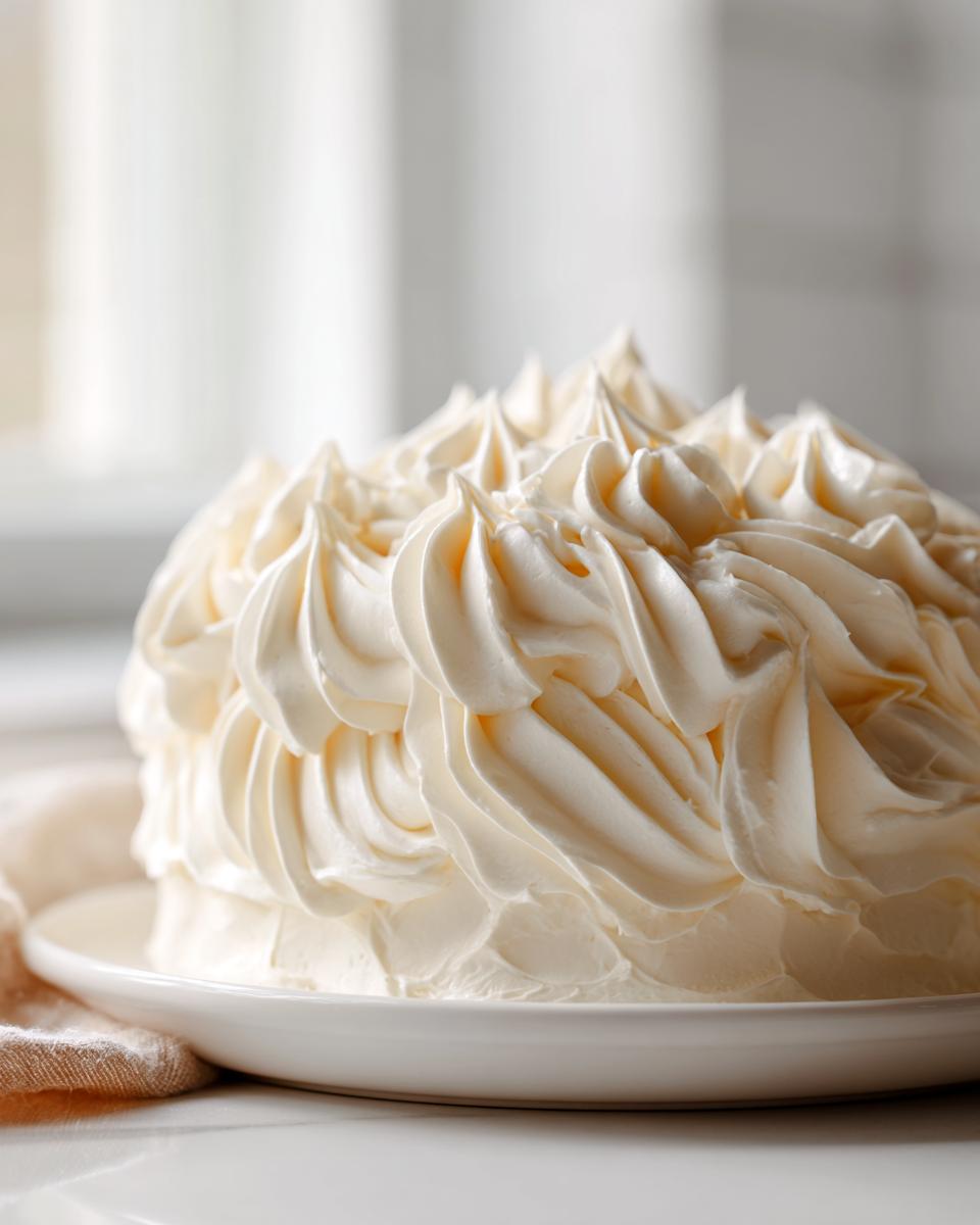 A cake covered entirely in thick, creamy swirls of vanilla buttercream frosting, piped for a textured finish.