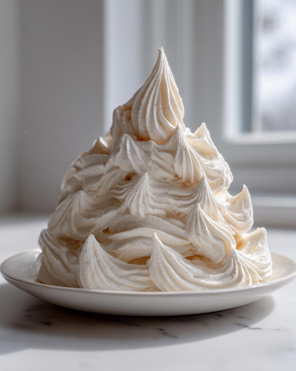 A tall mound of perfectly piped, creamy vanilla buttercream frosting peaks on a white plate.
