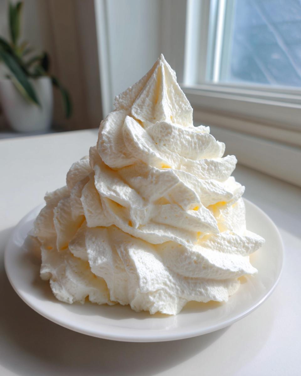 A tall, perfectly piped mound of fluffy white vanilla buttercream frosting on a small white plate.
