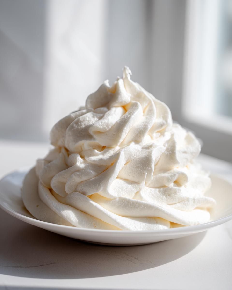 A tall, beautifully piped swirl of creamy vanilla buttercream frosting sitting on a small white plate.