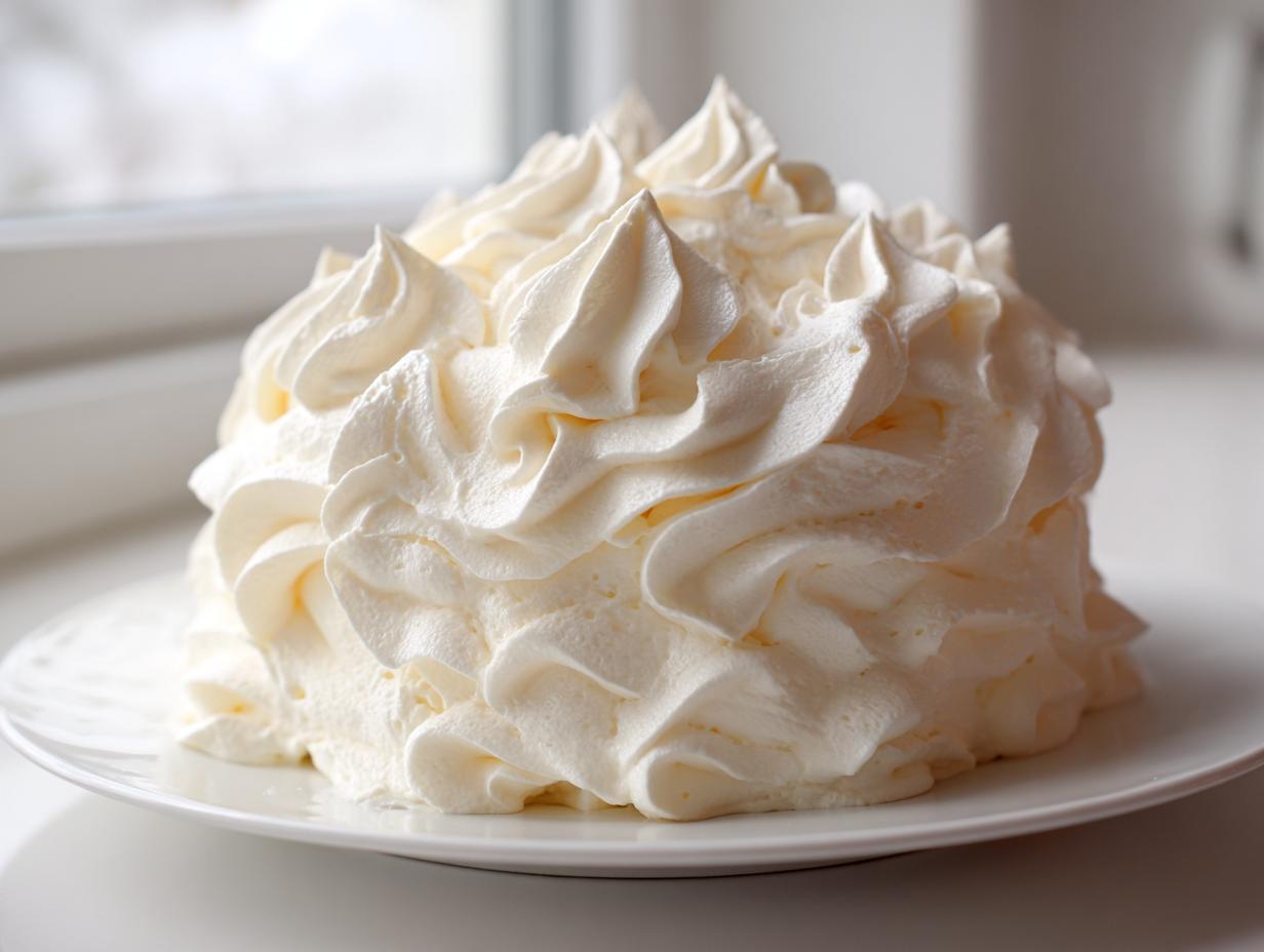 A dome-shaped dessert completely covered in thick, perfectly piped swirls of vanilla buttercream frosting.