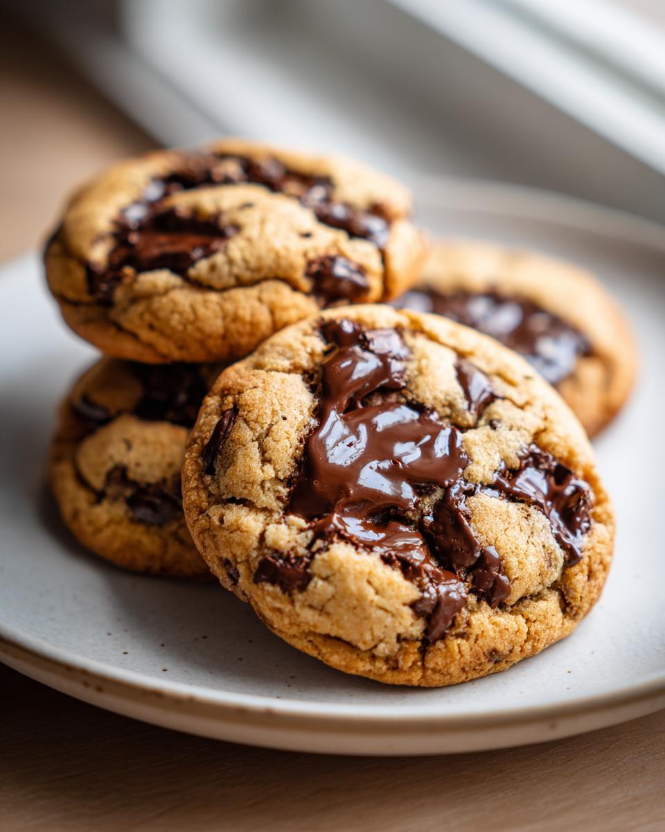 Close-up of gooey vegan chocolate chip cookies stacked on a light plate with melted chocolate pools.