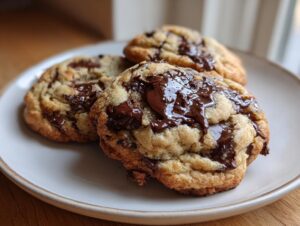 Three freshly baked vegan chocolate chip cookies piled on a light plate, featuring gooey, melted chocolate chips.