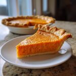 A close-up of a rich, orange slice of sweet potato pie with a flaky crust, resting on a white plate.