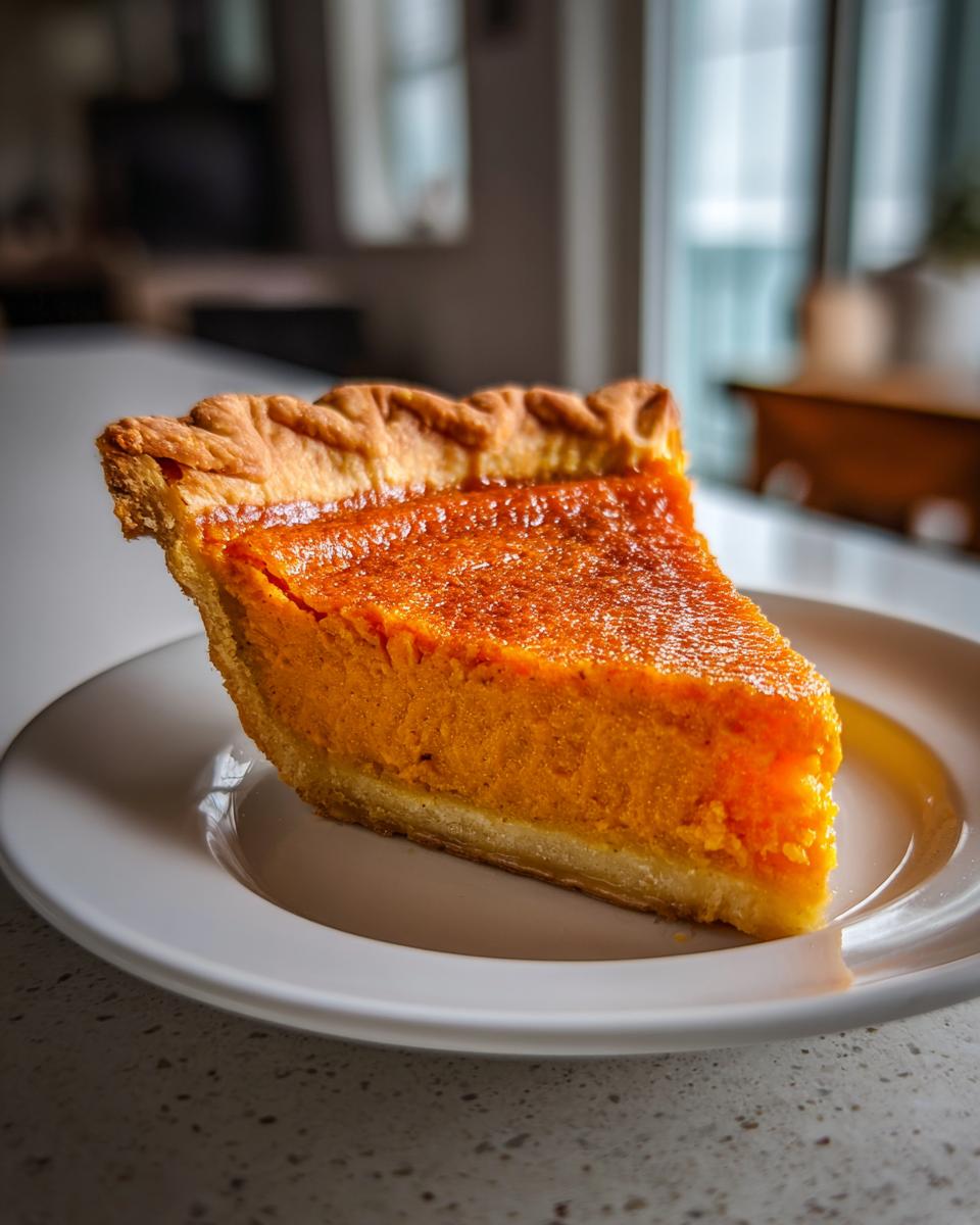 A close-up shot of a thick, velvety slice of sweet potato pie with a golden crust on a white plate.