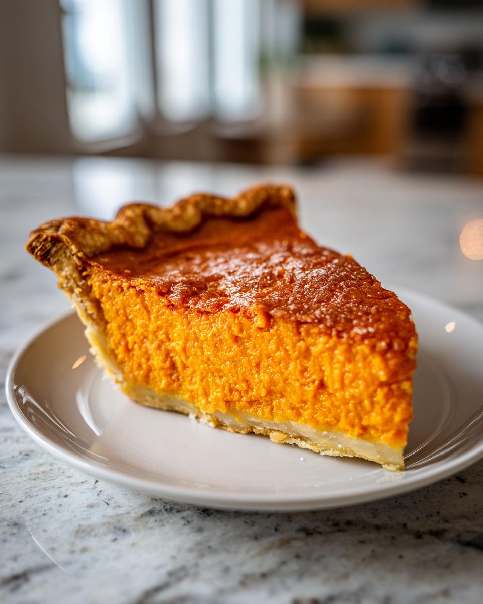 A close-up of a thick slice of velvety sweet potato pie with a golden crust served on a white plate.